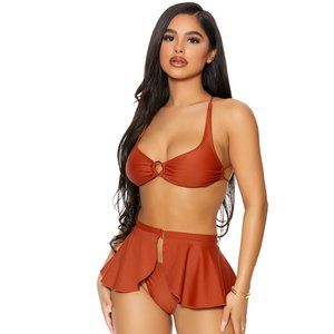 Criss Cross Bikini Top with Peplum Skirt and Bottoms Set - Rust